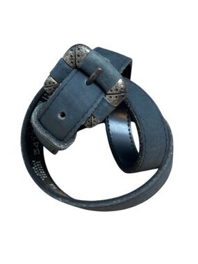 VINTAGE Belt Dark Grey Nubuck Leather Pewter Toned Western Buckle Size M